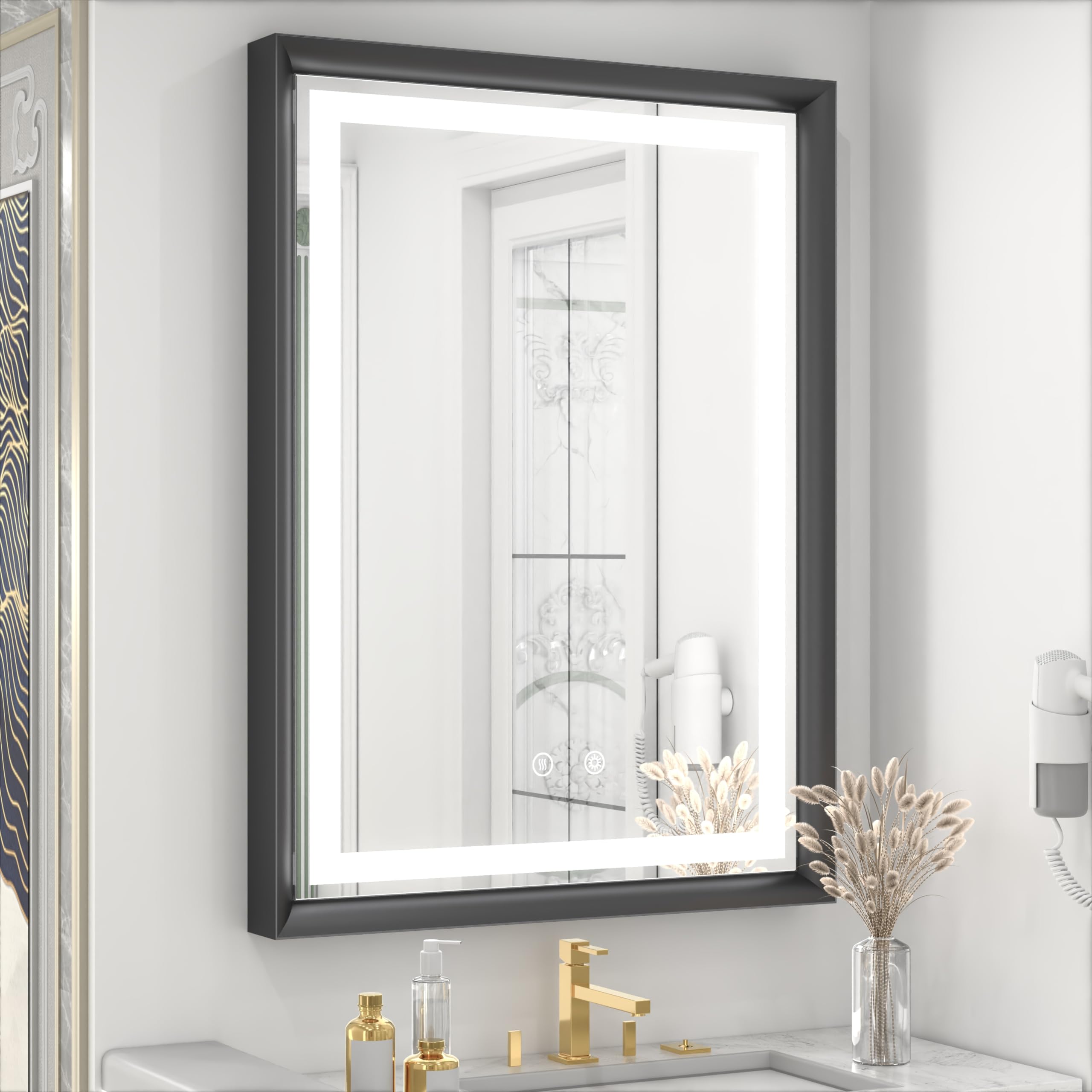 JSneijder 2-Piece(Frameless+Framed) LED Mirror, 24x32 Inch, Bathroom Mirror with Lights, Wall Mounted Dimmable Anti Fog Lighted Mirror for Bedroom