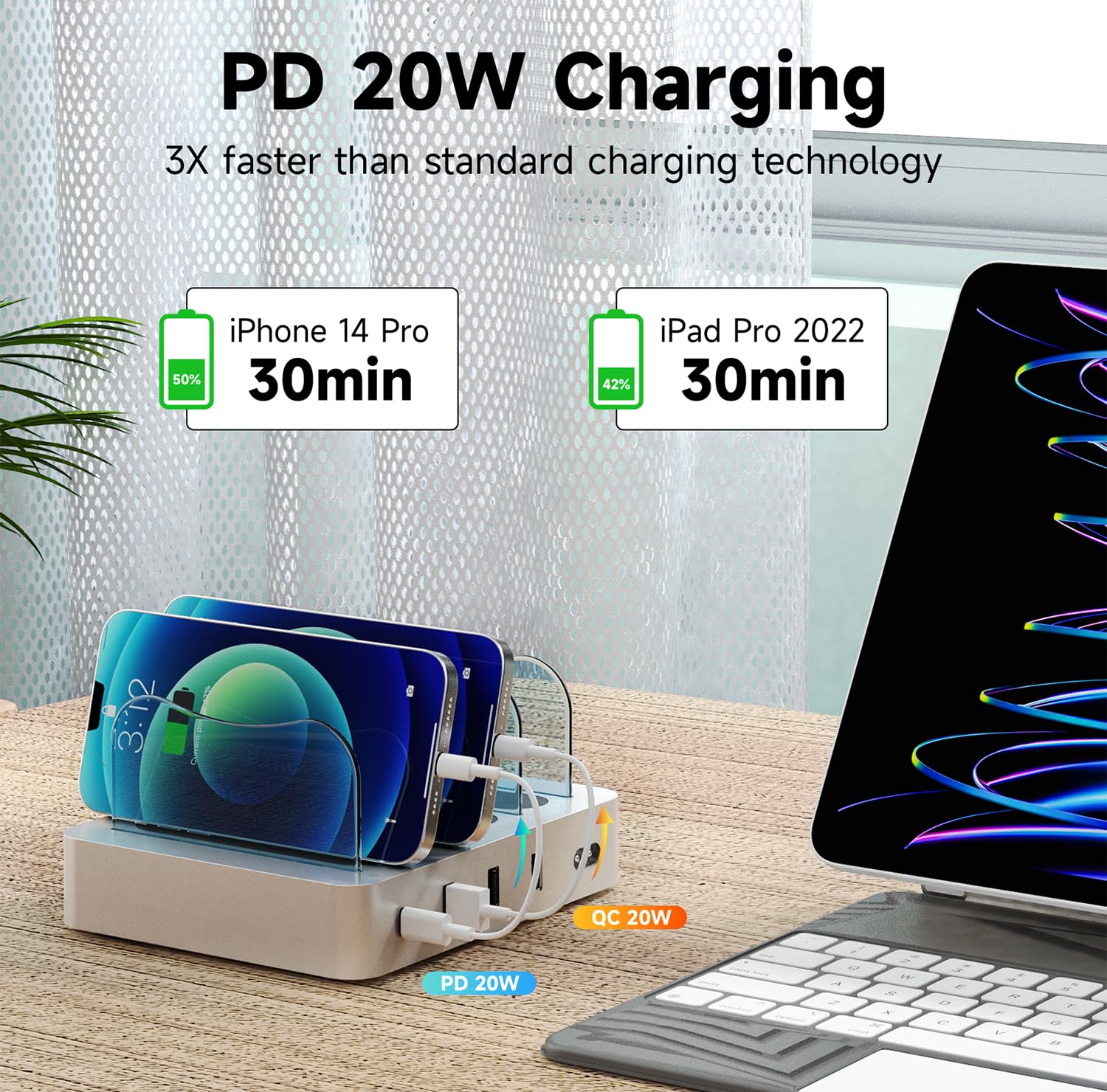 USB Charging Station Multiple Devices: 20W Fast Phone Charger Stand Dock, Compatible with Apple Cellphone iPad iPhone Tablet and Other Electronic