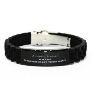 funny gifts, athletic trainer: where problems meet their match, black glidelock clasp bracelet, sarcastic funny gag gift for friends, coworker, colleague, boss