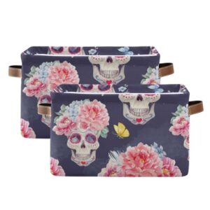 Skull Peony Flowers Storage Basket Bins Foldable Toy Baskets Organization with Handles Laundry Hamper for Living Room Clothes Nursery Closet Shelf Playroom,2 pcs