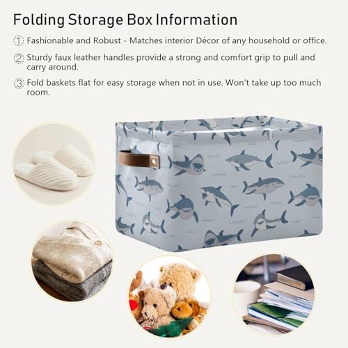 Hand Drawn Shark Storage Basket Bins Decorative Toy Laundry Basket Organization with Handles for Playroom Living Bed Room Office Clothes Nursery,2 pcs