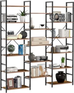 oneinmil triple wide 6-tier bookshelf, industrial display bookshelf, wood and metal etagere bookcase for bedroom,living room，office, brown