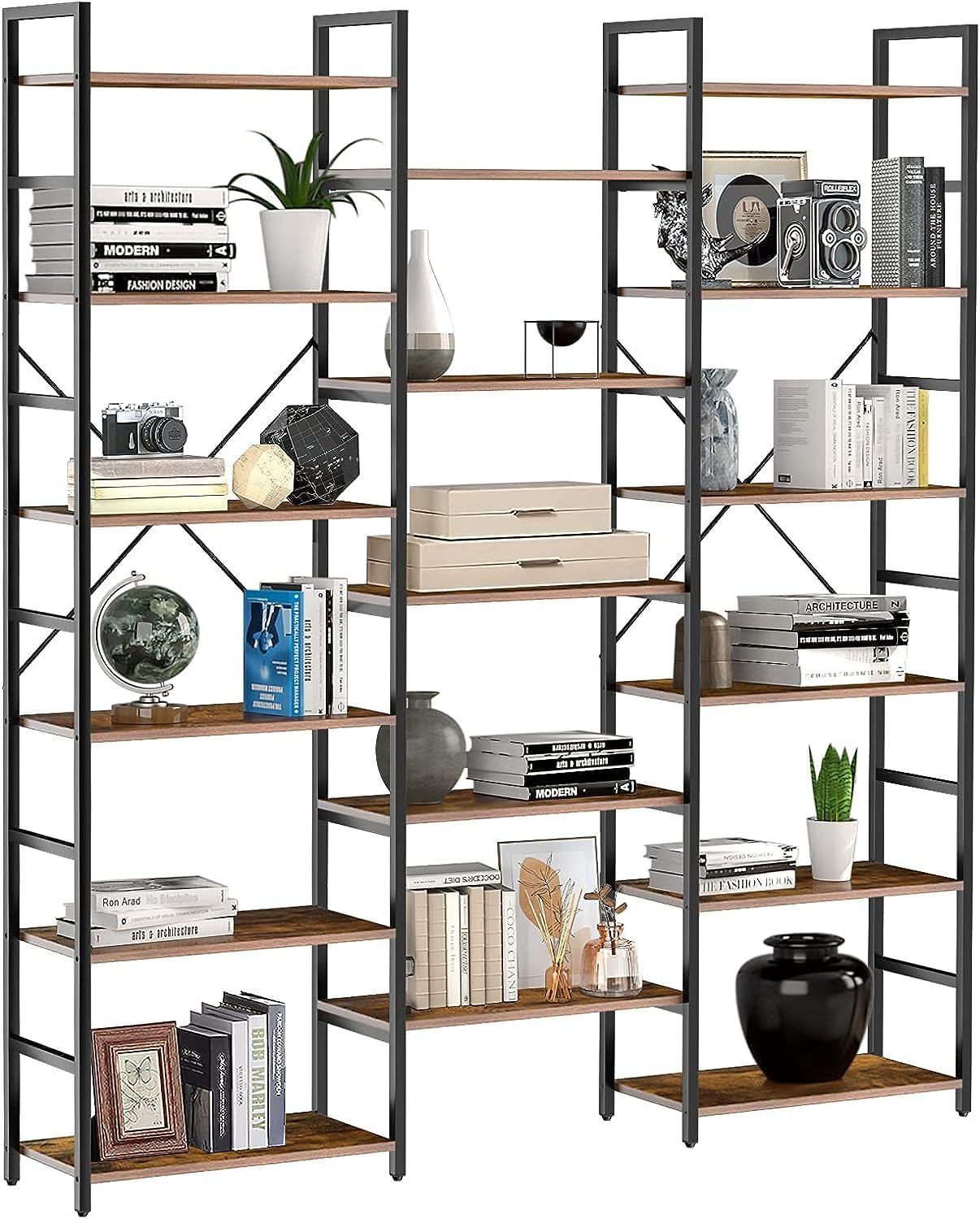 oneinmil Triple Wide 6-Tier Bookshelf, Industrial Display Bookshelf, Wood and Metal Etagere Bookcase for Bedroom,Living Room，Office, Brown