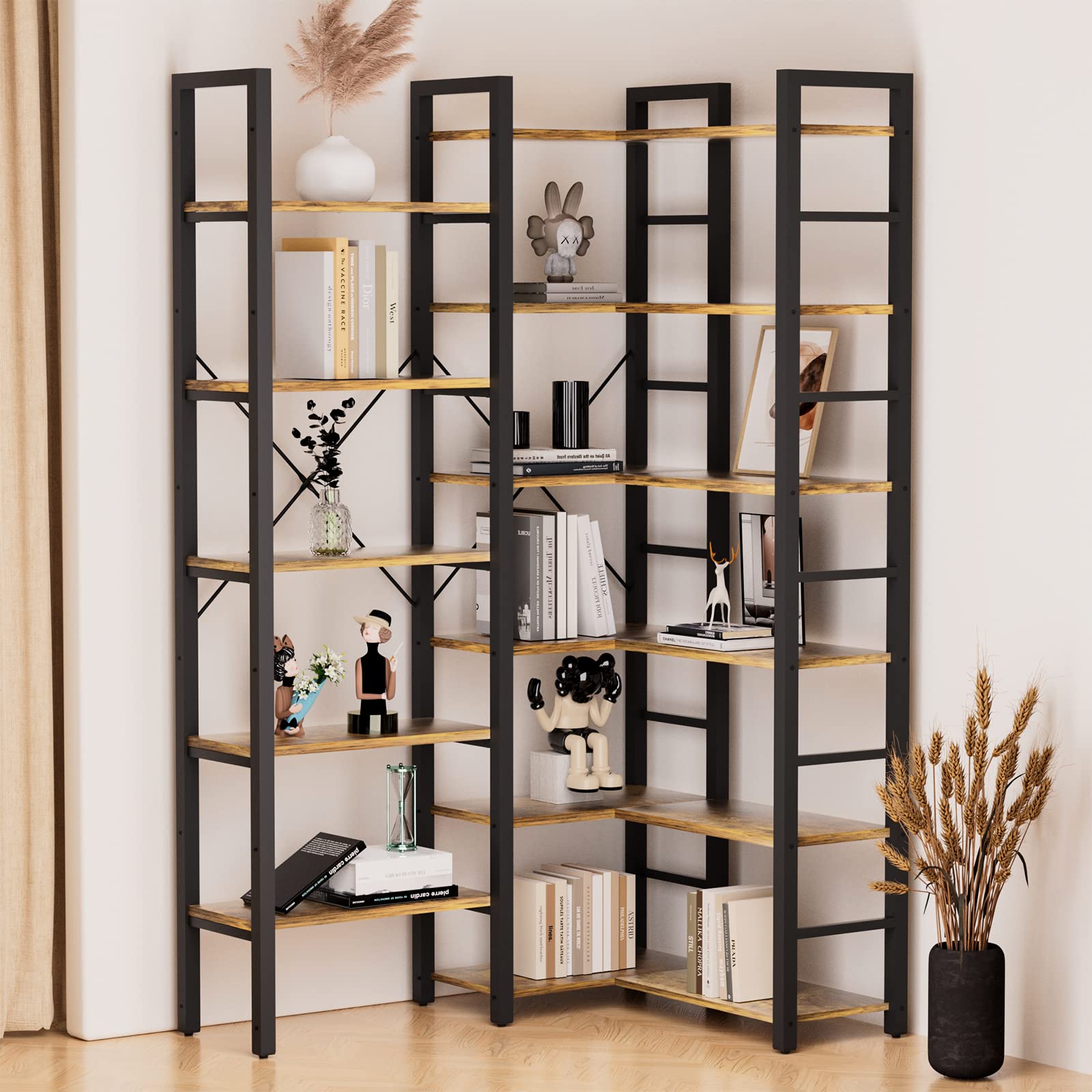 oneinmil Triple Wide 6-Tier Bookshelf, Industrial Display Bookshelf, Wood and Metal Etagere Bookcase for Bedroom,Living Room，Office, Brown