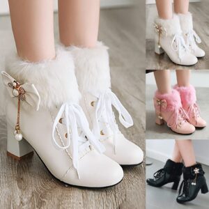 chelsea boots winter 2023 short foreign trade front lace bow decorated short boots chunky heel mid calf low biker boots heeled short booties