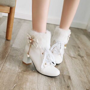 chelsea boots winter 2023 short foreign trade front lace bow decorated short boots chunky heel mid calf low biker boots heeled short booties