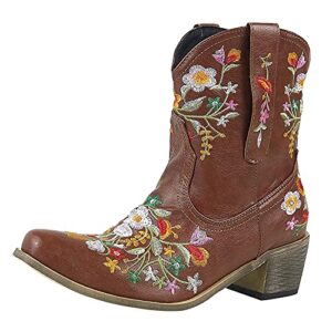 flat heel cowboy boots women retro embroidered cowboy boots chunky block heel side zip white cowgirl booties snow boots