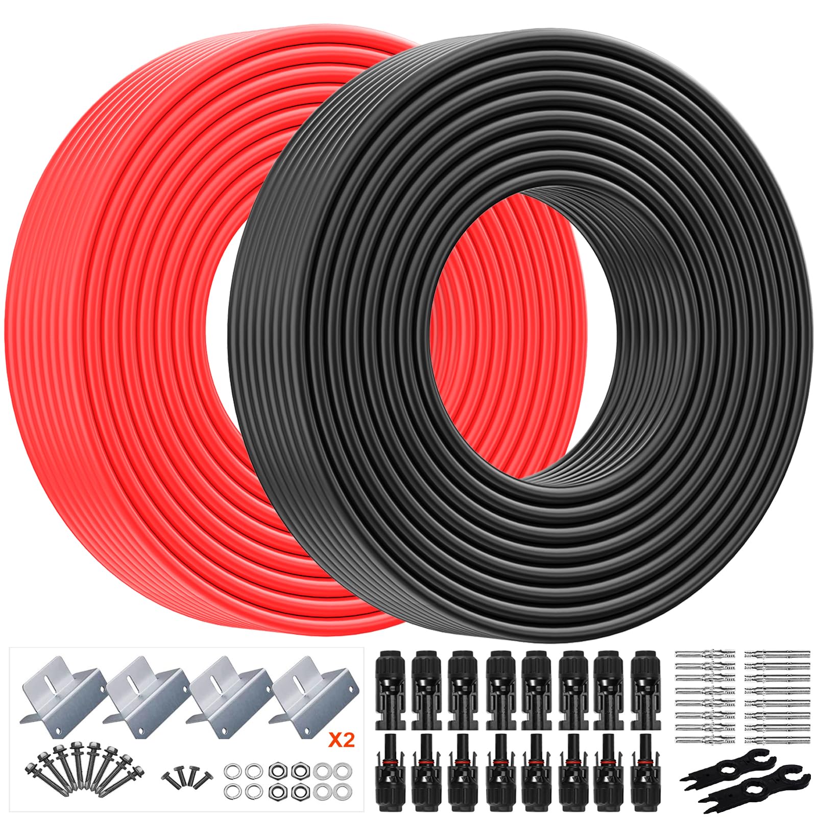 10AWG Solar Panel Extension Cable 100 Ft Black and 100 Feet Red, 10 Gauge Solar Cables Wire 100Ft Come with 2 Sets of Z Brackets and 8 Pairs 1500V Solar Connectors PV Kit Tool