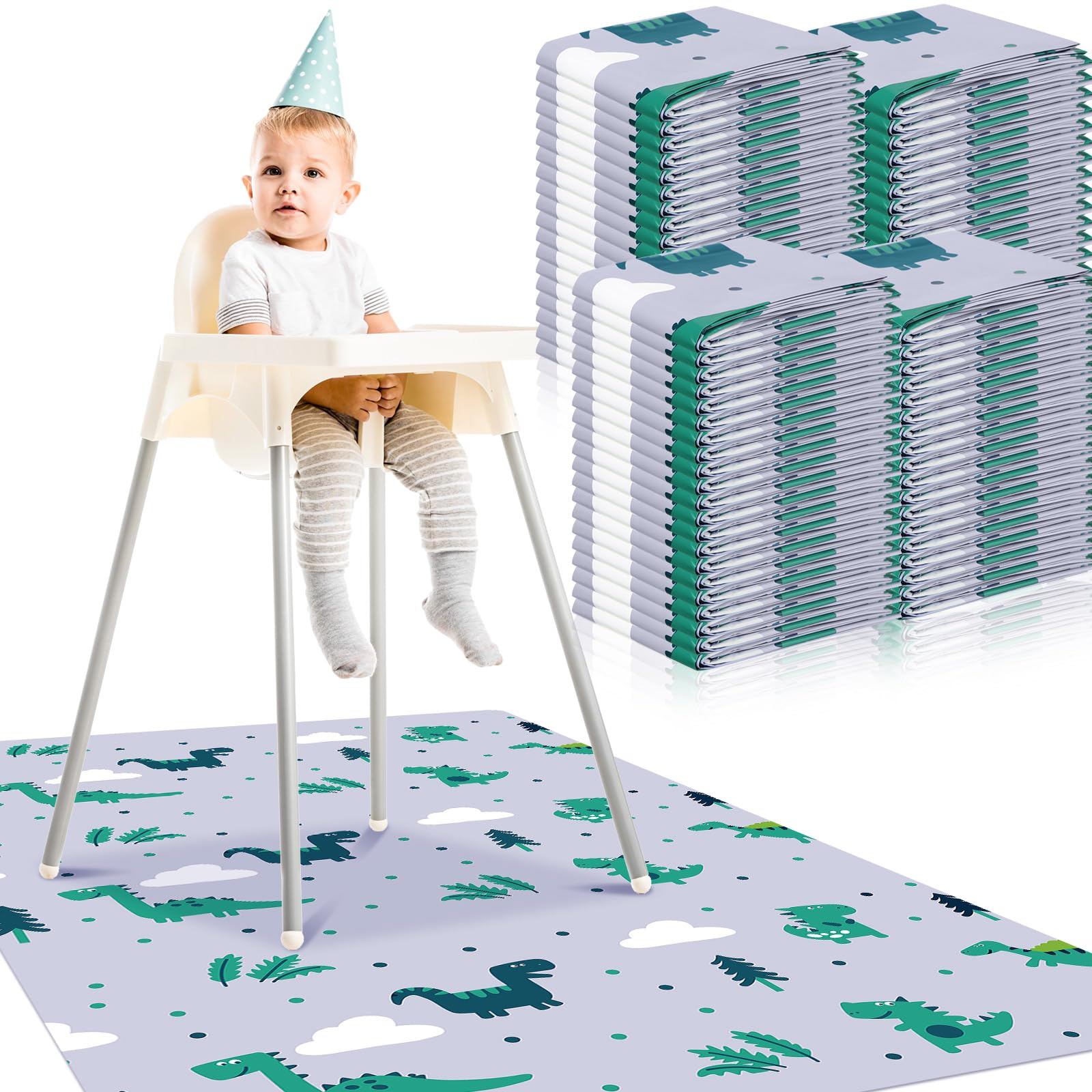 Tinideya 60 Sheets Disposable Baby Splat Mat for Under High Chair 47 x 29 Inch Disposable Placemats for Baby Waterproof Floor Mat Restaurant Table Mats Washable Spill Mat for Picnic Craft (Dinosaur)