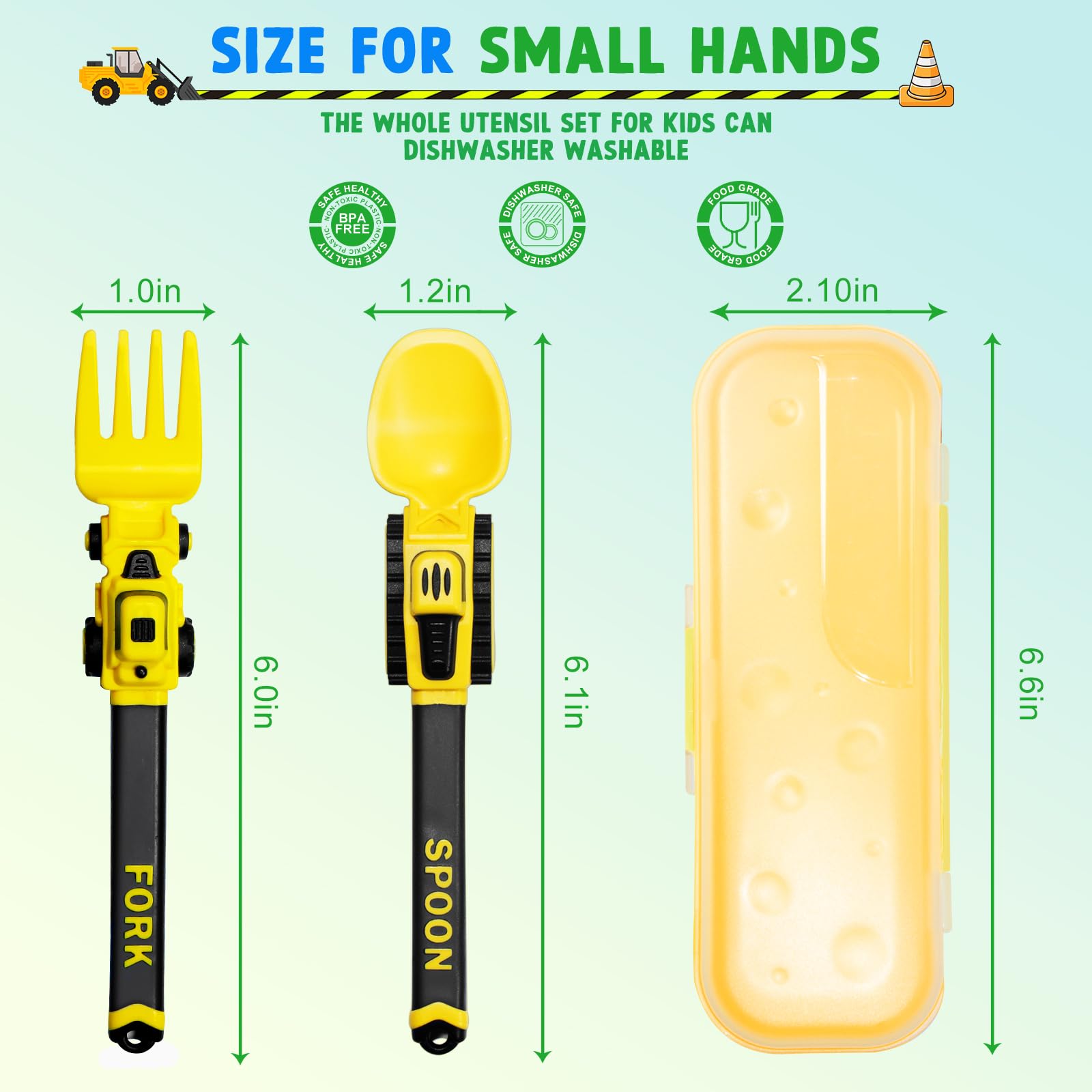 Construction Toddler Utensils - Reusable Plastic Toddler Fork and Spoon & Storage Case - Suitable for Kids Utensils - Dishwasher Safe - Portable Utensils Set for 1 2 3 4 5 year old Toddlers