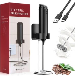 rechargeable milk frother handheld for coffee, electric stirrer with wall mounted stand, whisk drink mixer wand, milk foamer for matcha latte