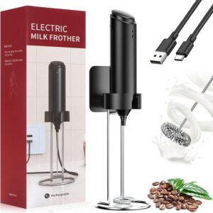 Rechargeable Milk Frother Handheld for Coffee, Electric Stirrer with Wall Mounted Stand, Whisk Drink Mixer Wand, Milk Foamer for Matcha Latte