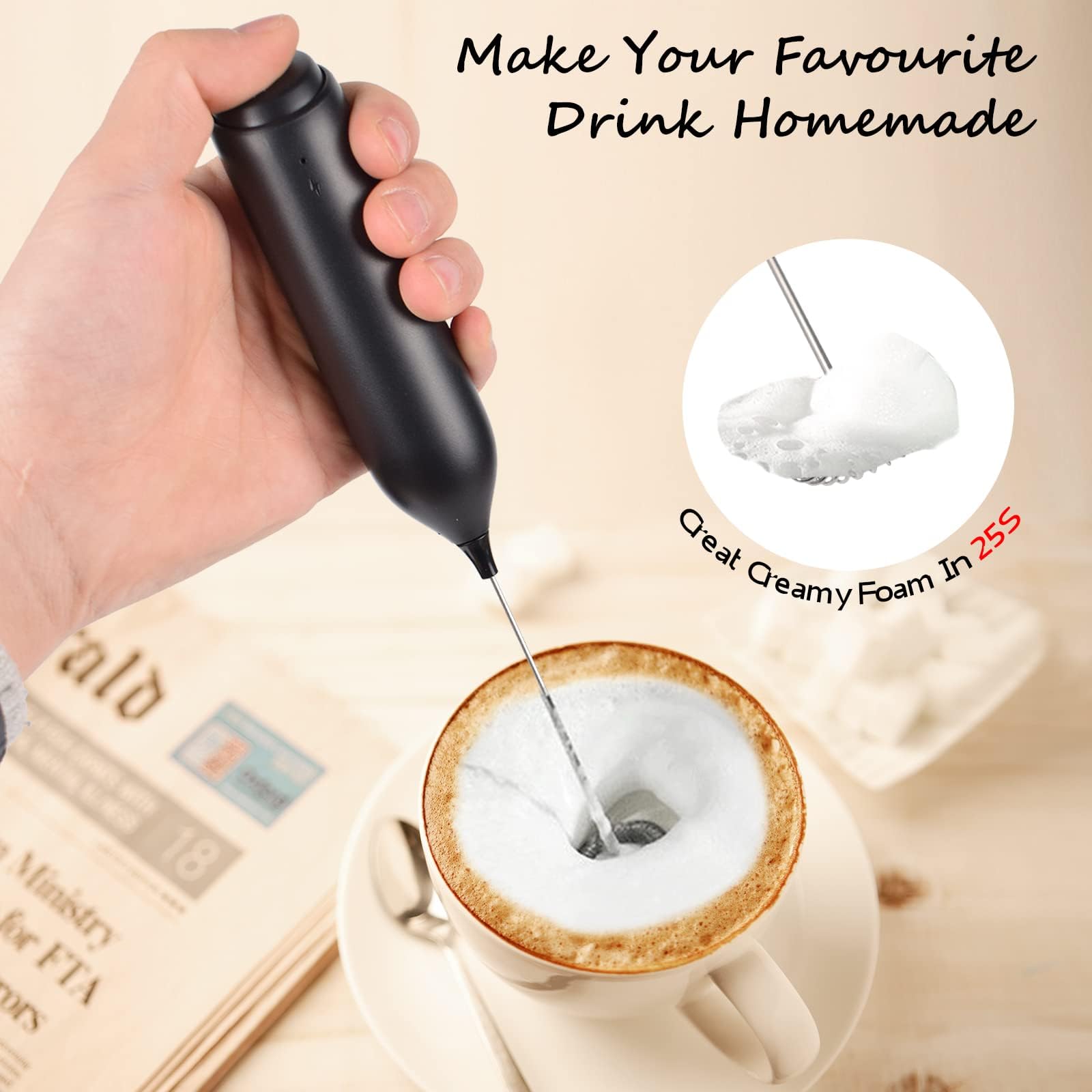 Rechargeable Milk Frother Handheld for Coffee, Electric Stirrer with Wall Mounted Stand, Whisk Drink Mixer Wand, Milk Foamer for Matcha Latte