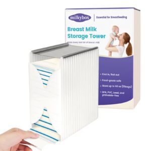 freeze organizer and tower for breastmilk storage bags, milkybox first-in first-out container storing system with quick-freeze tray to freezing breastmilk, reusable and breastfeeding essentials