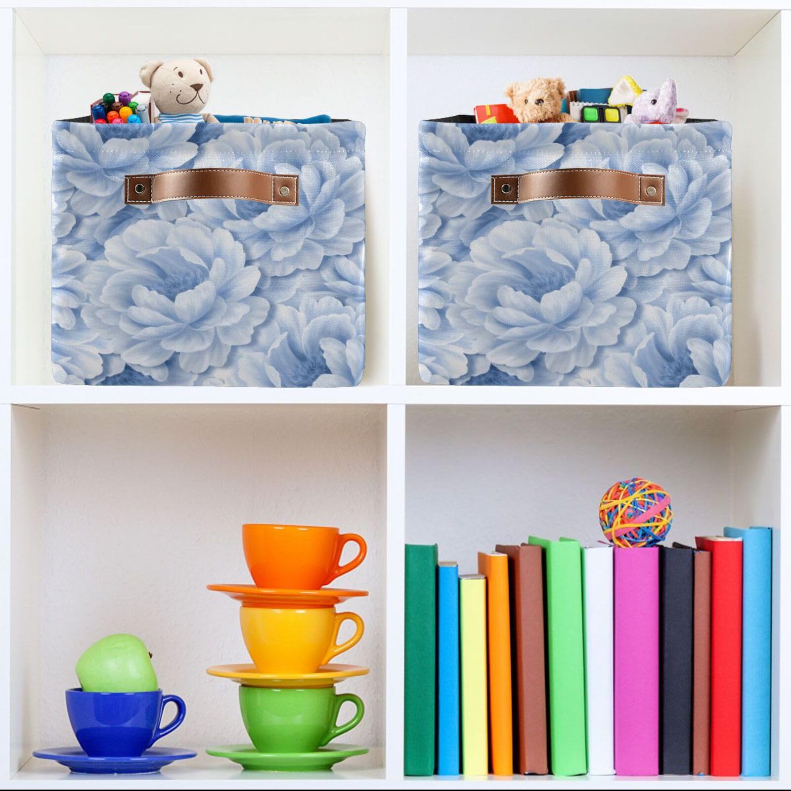 Blue Floral Peony Storage Basket Bins Decorative Toy Organizer Bins Laundry Hamper Baskets with Handles for Bedroom Office Clothes Pet Nursery Living Room,1 pcs