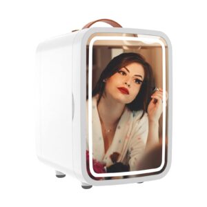 saint kang skincare fridge hot&cold, portable makeup fridge with mirror and light, ac/dc beauty fridge for bedroom, office and car(white) (8l)