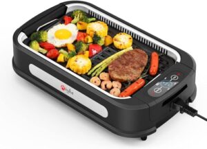 indoor grill, smokeless indoor electric grill & griddle with turbo smoke extractor technology, non-stick cooking surfaces, tempered glass lid, 1500w quick heating, great for party