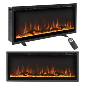 tangkula 42 inches electric fireplace in-wall recessed, wall mounted and freestanding, 750w/1500w linear fireplace heater with remote control, adjustable flame color & brightness (42 inches)