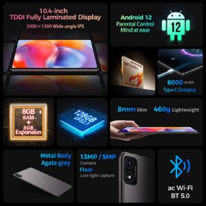TECLAST Android 12 Tablet 10.4 inch Tablet, T40S 16GB+128GB Tablet with 1TB Expand, Octa-Core Processor Android Tablets, 2000 * 1200 FHD, 2.4G/5G WiFi, 6000mAh, Bluetooth 5.0, GPS, 5MP+8MP Camera