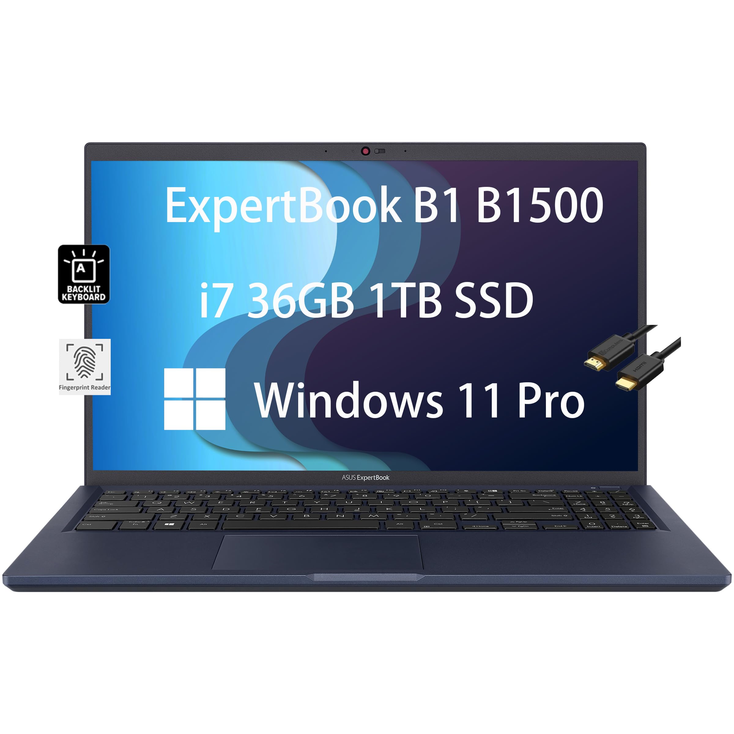 ASUS ExpertBook B1 B1500 Business Laptop (15.6" FHD, Intel Core i7-1165G7, 36GB RAM, 1TB PCIe SSD), Fingerprint, Backlit, 3-Yr Warranty, IST Cable, Ethernet, Wi-Fi 6, Webcam, Win 11 Pro, Star Black