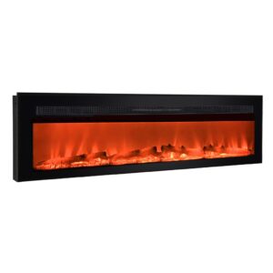 60 inches electric fireplace with 20 realistic flames, ultra thin wall mounted fireplace with remote control, log set & crystals, independent flame and heat control for year-round use, black