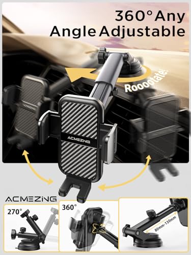 ACMEZING 3-in-1 Car Phone Holder Mount 【Extreme Terrain Stability】 Dashboard Windshield Air Vent 【Double Metal Hook】 Cell Phone Holders for Your Car for iPhone Samsung All Smartphones & All Car Model