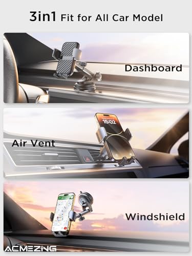 ACMEZING 3-in-1 Car Phone Holder Mount 【Extreme Terrain Stability】 Dashboard Windshield Air Vent 【Double Metal Hook】 Cell Phone Holders for Your Car for iPhone Samsung All Smartphones & All Car Model