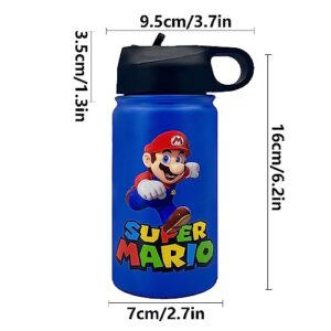 Kids Insulated Stainless Steel Cups Cartoon Reusable Water Bottle Cute Tumbler with Straw Lid Wide Handle Leak Proof Mugs for Boys Girls (12oz, Blue)