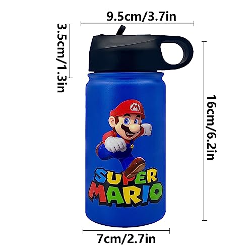 Kids Insulated Stainless Steel Cups Cartoon Reusable Water Bottle Cute Tumbler with Straw Lid Wide Handle Leak Proof Mugs for Boys Girls (12oz, Blue)