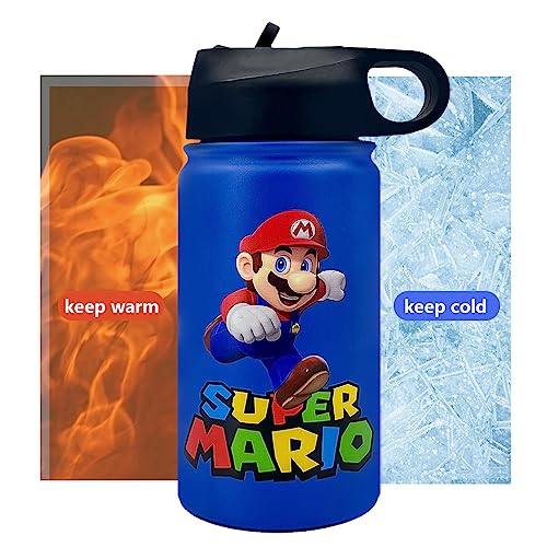 Kids Insulated Stainless Steel Cups Cartoon Reusable Water Bottle Cute Tumbler with Straw Lid Wide Handle Leak Proof Mugs for Boys Girls (12oz, Blue)