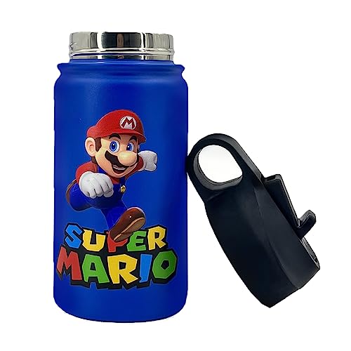 Kids Insulated Stainless Steel Cups Cartoon Reusable Water Bottle Cute Tumbler with Straw Lid Wide Handle Leak Proof Mugs for Boys Girls (12oz, Blue)