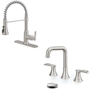 hoigy brushed nickel pull down kitchen faucet and bathroom sink faucet set, 3-function pull-out kitchen faucets with deck plate, 3 hole widespread bathroom sink faucet with pop-up drain
