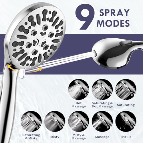 HOWUWEY Modern Dual Shower Head with Handheld Spray, 7.5" Rainfall Shower Head, 9 Modes Hand Showerhead, 78" Hose, Chrome