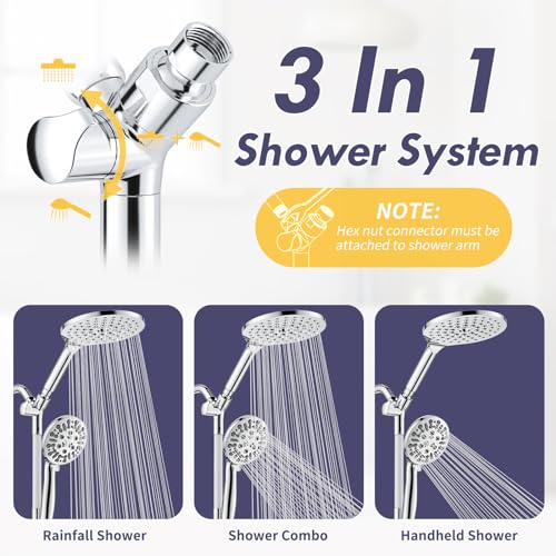 HOWUWEY Modern Dual Shower Head with Handheld Spray, 7.5" Rainfall Shower Head, 9 Modes Hand Showerhead, 78" Hose, Chrome