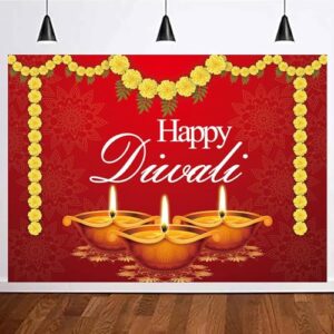 DOTOOMA 7X5FT Happy Diwali Photography Backdrops Red Background Yellow Marigold India Oil Lamp Candle Burning Lights Party Decor Props Supplies Polyester