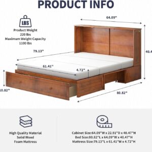 Queen Size Murphy Bed,Cube Chest Cabinet Bed with Charging Station & 3 Level Foldable Memory Foam Mattress & & Large Drawer for Guests/Bed Room (Cherry)