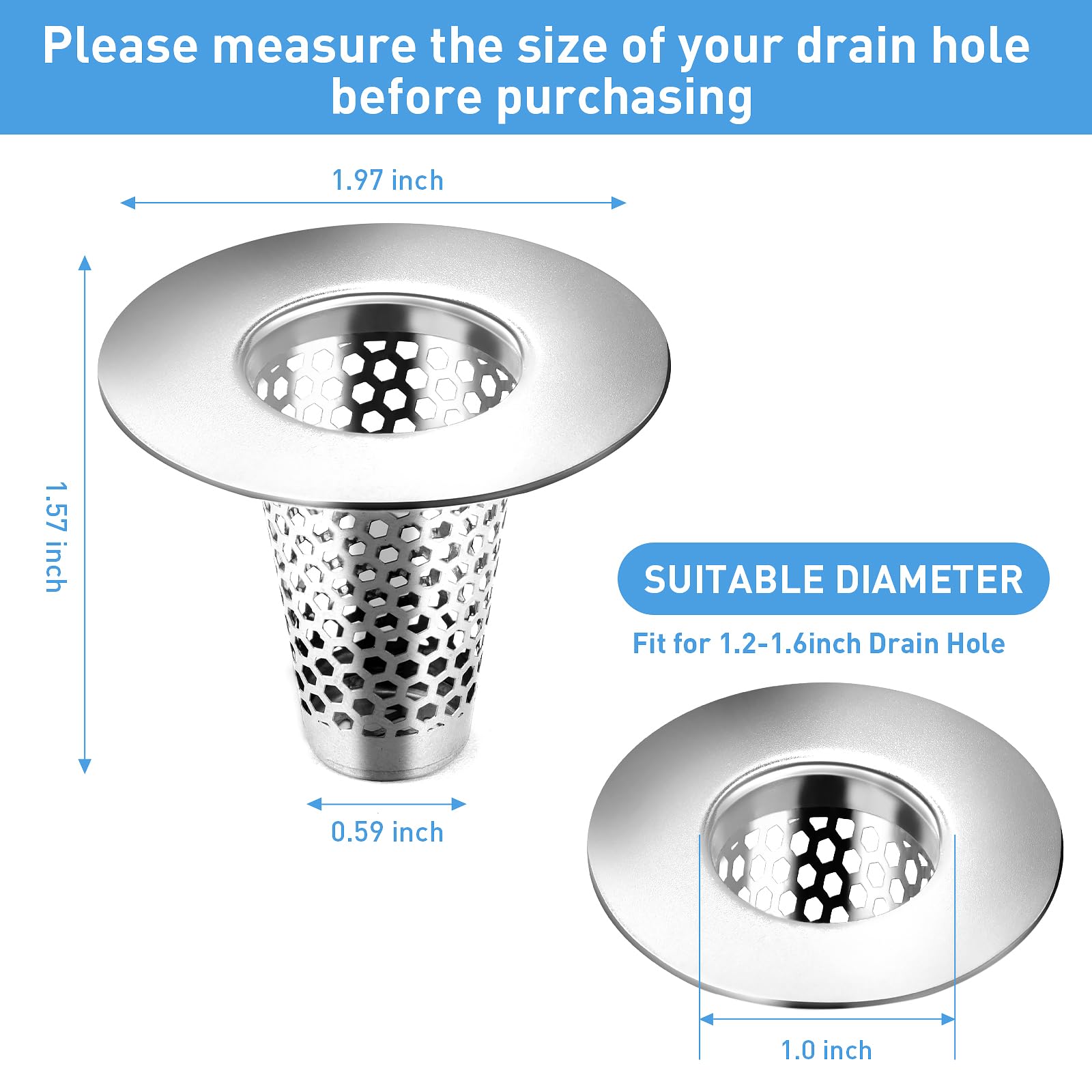 Mestream 2PCS Bathroom Sink Drain Strainers, 1" Small Conical Premium Stainless Steel Porous Hair Catcher, Drainer Filter, Fit for 1.20"-1.60", Depth Than 1.60" Drain Hole