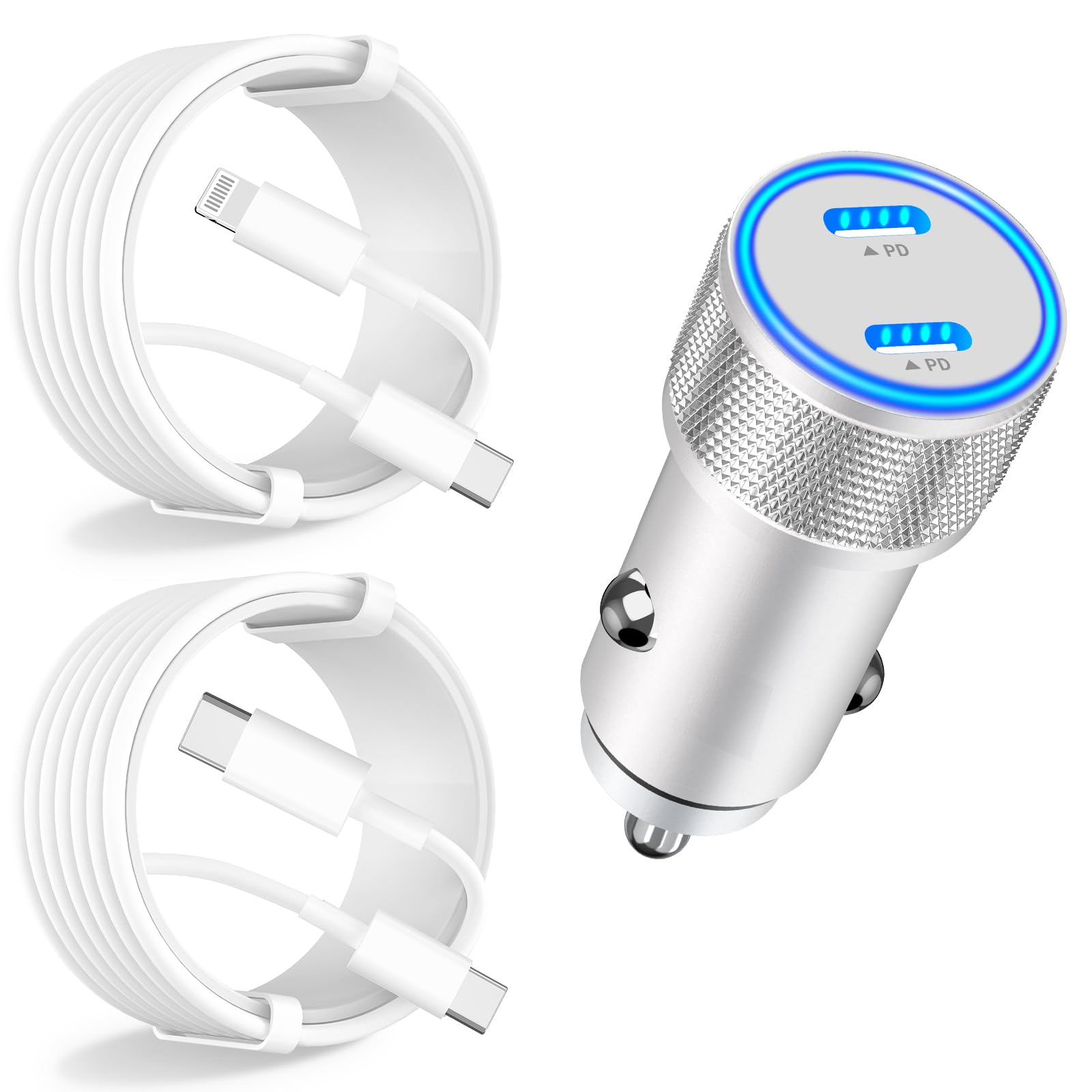 [Apple MFi Certified] iPhone 15 Car Charger Fast Charging, Rombica 72W Dual Type-C Power Cigarette Lighter Charger+USB-C Cable&Lightning Cable for iPhone 15 Plus/15 Pro/15 Pro Max/14/13/12/11/XS/iPad