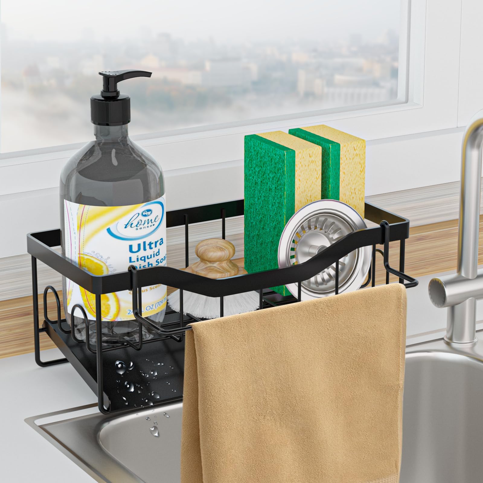 Vanwood Multifunctional Kitchen Sink Caddy with Rag Holder, Adhesive or Countertop Sponge Holder for Kitchen Sink with Self Drain Tray, Sink Organizer Dish Towel Rack for Kitchen Storage Accessories