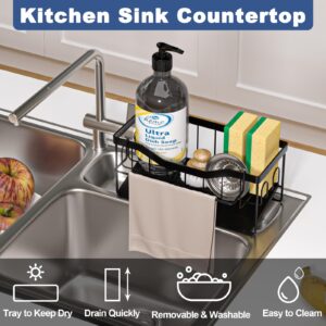 Vanwood Multifunctional Kitchen Sink Caddy with Rag Holder, Adhesive or Countertop Sponge Holder for Kitchen Sink with Self Drain Tray, Sink Organizer Dish Towel Rack for Kitchen Storage Accessories