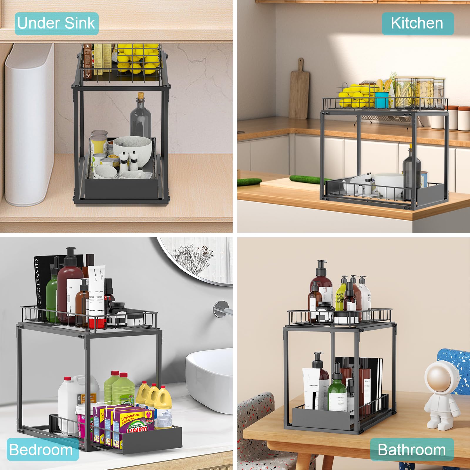 SEVEKO Under Sink Organizer, Cabinet Organizer,Pull Out Cabinet Shelves Organizer 2 Tier Slide Out Sink Shelf, Multi-Purpose Organization and Storage Shelf, Metal, Black