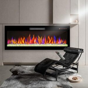 50 inch smart linear electric fireplace - recessed in-wall and wall-mount heating device, multiple flame colors, space-saving heater with remote control(50'')