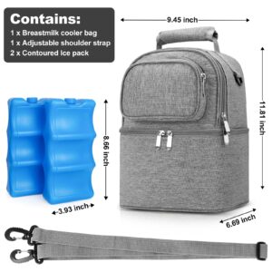 Breastmilk Cooler Bag with Ice Pack Bottle Cooler Bag for Baby Milk Breast Pump Bag with Cooler Double Deck Breast Milk Storage Bag for Breastfeeding Nursing Daycare Insulated Lunch Bag with Strap