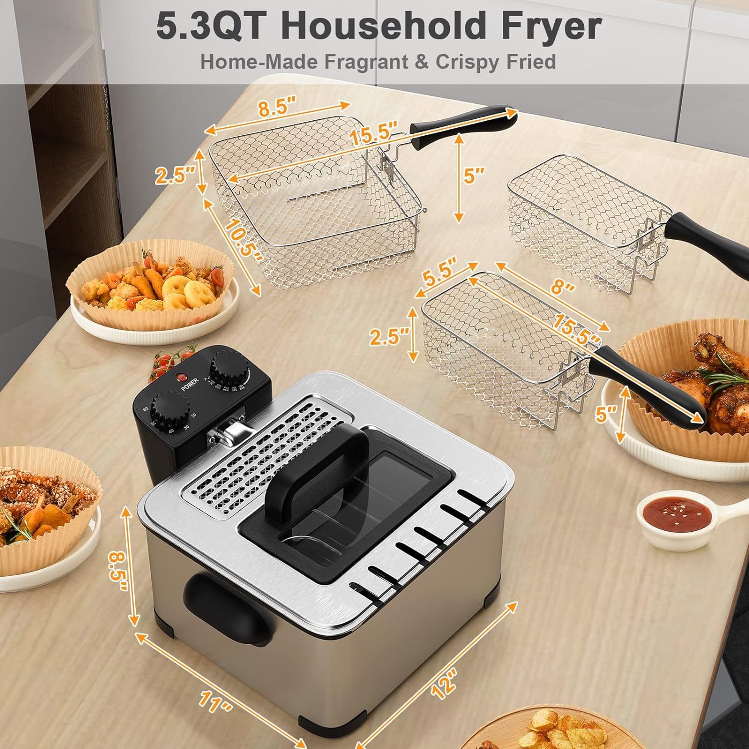 MEDIMALL Deep Fryer with Basket, 5.3QT/21Cup Electric Oil Fryer for Home Use, 1700w Stainless Commercial Countertop Fryers w/View Window/Timer Control/Temperature Knob, Small Fat Fryer for Chicken