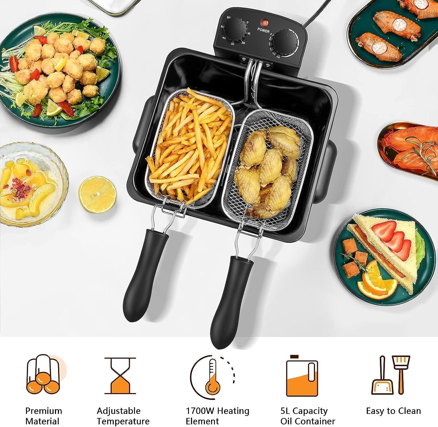 MEDIMALL Deep Fryer with Basket, 5.3QT/21Cup Electric Oil Fryer for Home Use, 1700w Stainless Commercial Countertop Fryers w/View Window/Timer Control/Temperature Knob, Small Fat Fryer for Chicken