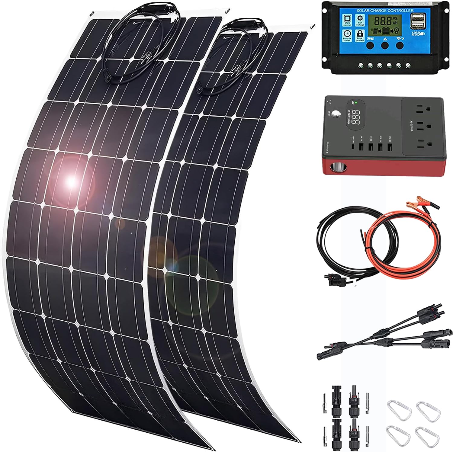 200 Watt Solar Panel Kit, 2 pcs 100 Watt Flexible Monocrystalline Solar Panel with 1pcs car Inverter and 1pcs 40A Charge Controller for 12-24V Battery Charging Car Battery Camper RV Yacht Boat