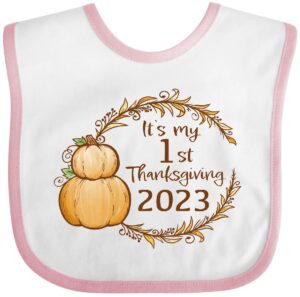 inktastic it's my first thanksgiving 2023 baby bib white and pink 42b74