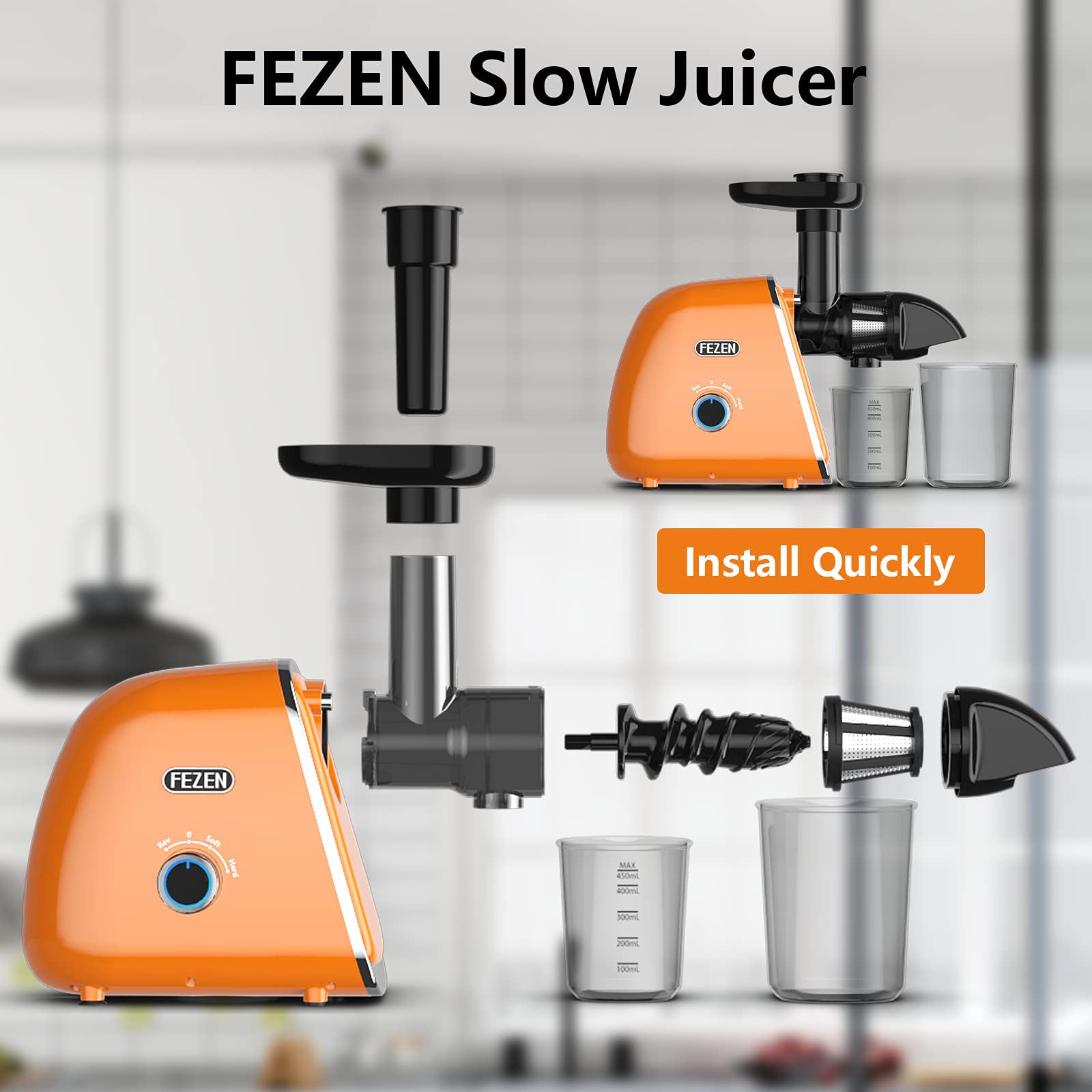 Cold Press Juicer, Fezen Juicer Machines Vegetable and Fruit Masticating juicer High Juice Yield/Two Modes/Quiet Motor With Reverse Function/Dishwasher Safe, Ideal Gift for Home