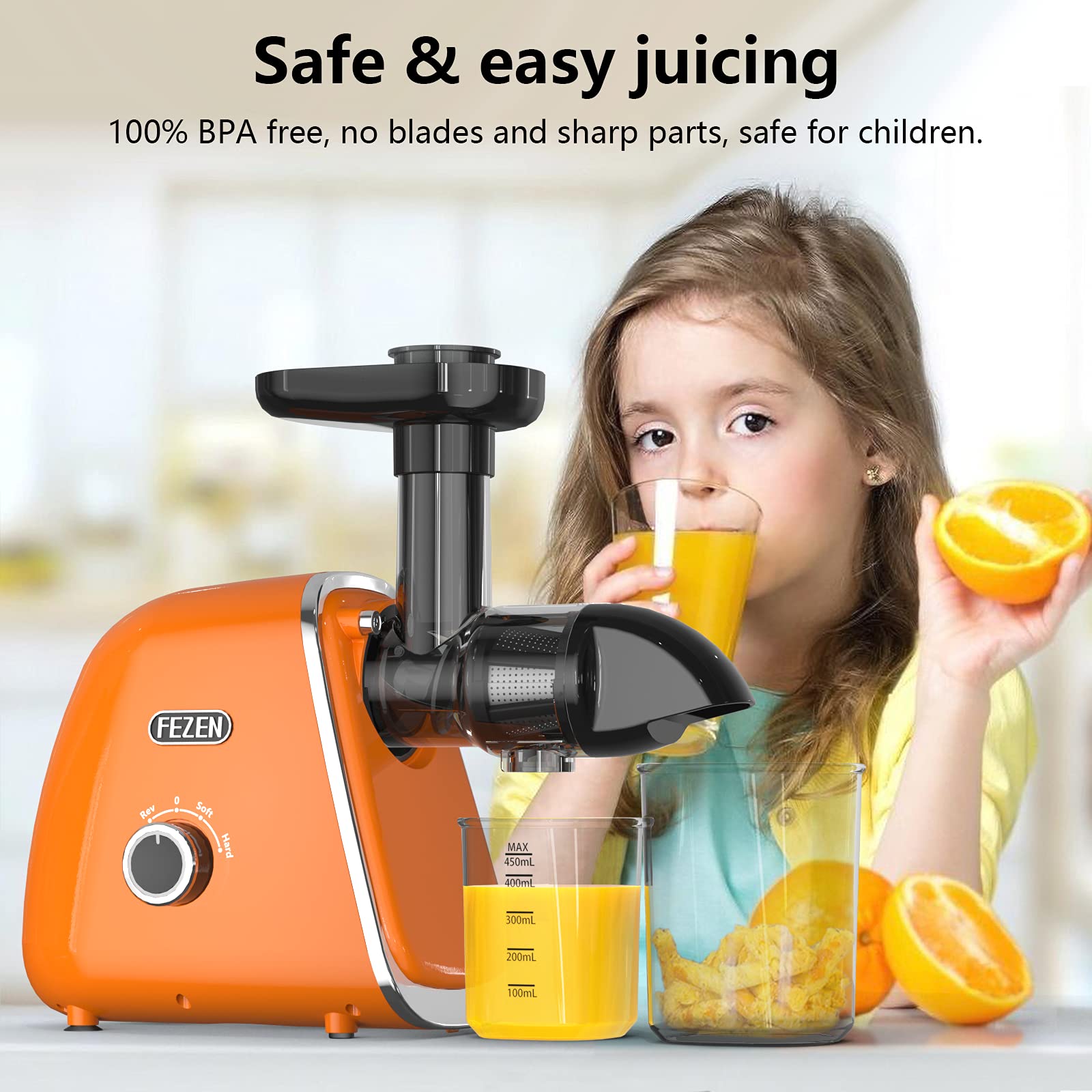 Cold Press Juicer, Fezen Juicer Machines Vegetable and Fruit Masticating juicer High Juice Yield/Two Modes/Quiet Motor With Reverse Function/Dishwasher Safe, Ideal Gift for Home