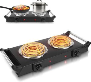 hot plate, 2000w portable electric double burner w/5 level temperature control & stay cool handles, easy to clean, lightweight cast iron electric stove for kitchen camping cooking, 110v